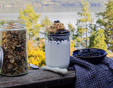 Joghurt mit Blaubeer-Granla-Top in einem Glas neben einer Schale mit Blauberren auf einer Holzbohle vor einem See mit Bäumen.