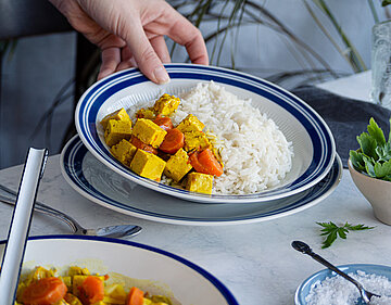 Tofu und Gemüse mit Reis auf Teller.